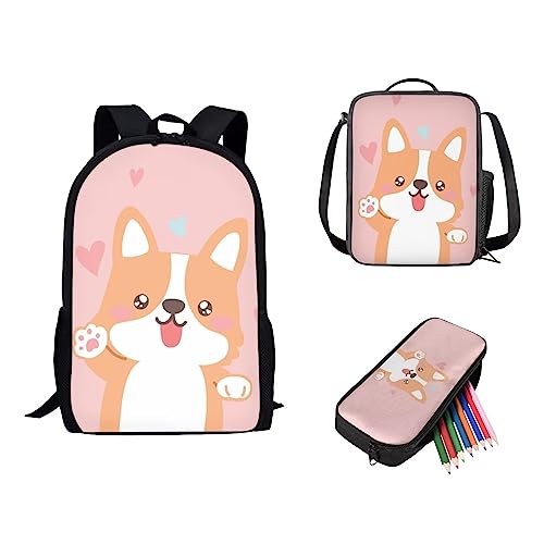 Showudesigns Netter Druck Tier Kinder Schulrucksack mit Flaschentasche, Lustiger Corgi, Einheitsgröße von Showudesigns