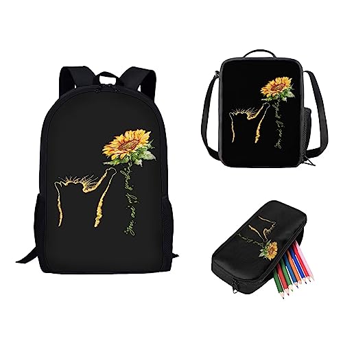 Showudesigns Netter Druck Tier Kinder Schulrucksack mit Flaschentasche, Sonnenblumen-Katze, Einheitsgröße von Showudesigns