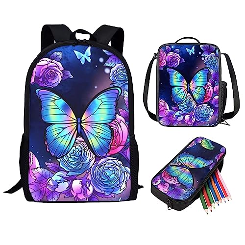 Showudesigns Niedlicher bedruckter Tier-Kinder-Schulrucksack mit Flaschentasche, schmetterlings- / blumendesign, Einheitsgröße, Klassisch von Showudesigns