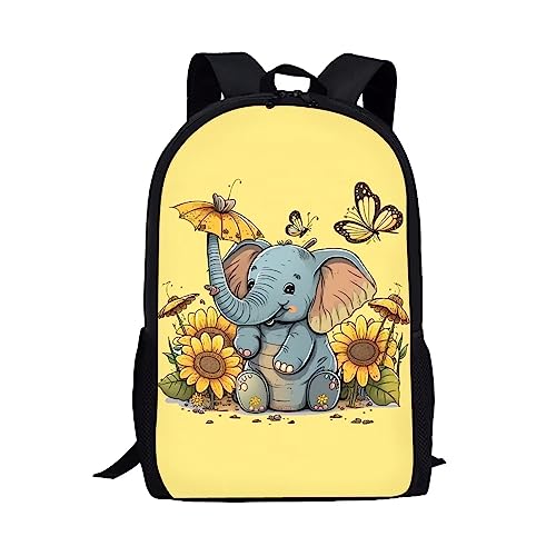 Showudesigns Niedlicher bedruckter Tier-Kinder-Schulrucksack mit Flaschentasche, Elefanten-Sonnenblumen-Design, Einheitsgröße, Gepäck-Set von Showudesigns