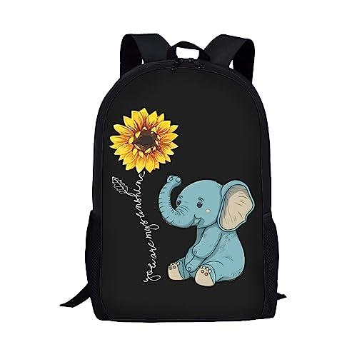 Showudesigns Niedlicher bedruckter Tier-Kinder-Schulrucksack mit Flaschentasche, Elefanten-Sonnenblumen-Druck, Einheitsgröße, Gepäck-Set von Showudesigns