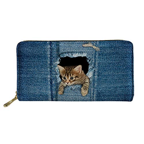 Showudesigns Damen-Geldbörse, PU-Leder, lange Geldbörse, mit Reißverschluss, Denim-Katze, Denim Cat, Einheitsgröße, Casual von Showudesigns