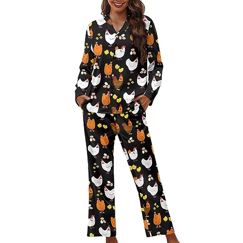 Showudesigns Pyjama-Sets für Damen, weiche Nachtwäsche, Knopfleiste, langärmelig, Huhn Henne, 3XL von Showudesigns