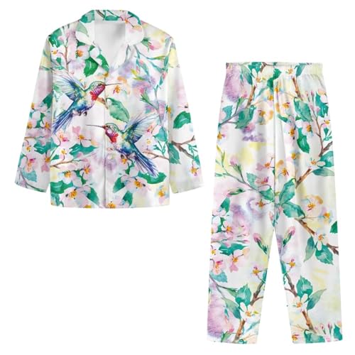 Showudesigns Pyjama-Sets für Damen, weiche Nachtwäsche, Knopfleiste, langärmelig, Kolibri Blume 2, L von Showudesigns