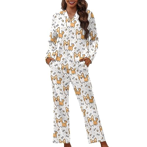 Showudesigns Pyjama-Sets für Damen, weiche Nachtwäsche, Knopfleiste, langärmelig, Lustiger Corgi, L von Showudesigns