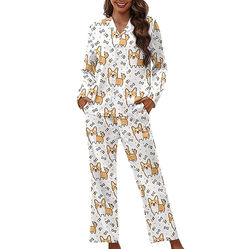 Showudesigns Pyjama-Sets für Damen, weiche Nachtwäsche, Knopfleiste, langärmelig, Lustiger Corgi, M von Showudesigns