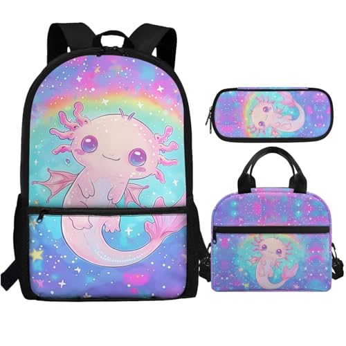 Showudesigns Rucksack für Schule, Mädchen, Büchertasche, Alter 8–12 Jahre, mit Lunchbox, Federmäppchen, Kinder, Rainbow Axolotl, Einheitsgröße, Tagesrucksäcke Showudesigns Rucksack für Schule, Mädchen, Büchertasche, Alter 8–12 Jahre, mit Lunchbox, Federmäppchen, Kinder, Rainbow Axolotl, Einheitsgröße, Tagesrucksäcke von Showudesigns