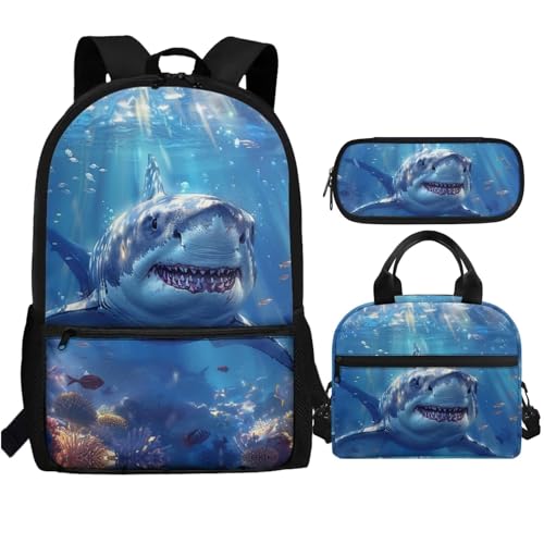 Showudesigns Rucksack mit Lunchbox für Jungen 7–12 Kinder, Mädchen, Rucksack, Federmäppchen, Cooler Hai, Einheitsgröße Showudesigns Rucksack mit Lunchbox für Jungen 7–12 Kinder, Mädchen, Rucksack, Federmäppchen, Cooler Hai, Einheitsgröße von Showudesigns