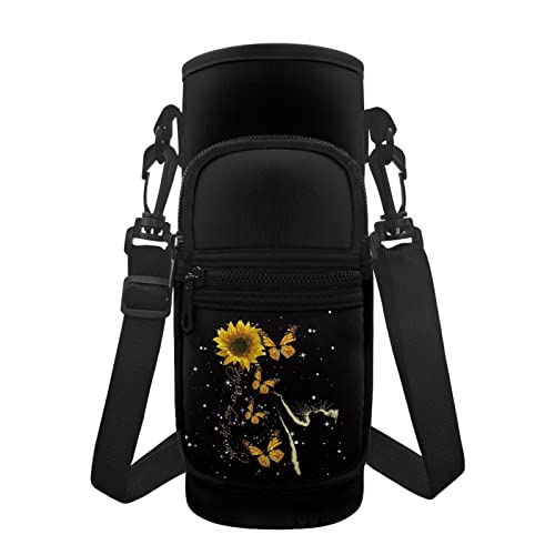 Showudesigns Sonnenblumen-Schmetterling-Wasserflaschenträger für Damen und Herren, Wasserflaschenhülle 40 ml, Wasserflaschenbezug mit Handyhalter, schwarze Schultertasche mit Wasserflaschentasche, von Showudesigns