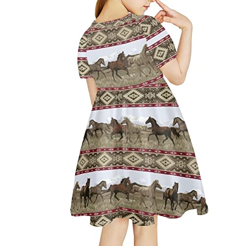 Showudesigns Süßes Kleid für Mädchen 4-14 Jahre Einschulter Kleider Kurze Ärmel, Boho Western Horse, 14 Jahre von Showudesigns