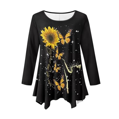 Showudesigns Übergröße Tops für Frauen Casual Herbst Kleidung Outfits Langarm Shirts, Sonnenblumen-Schmetterling, 6X-Large von Showudesigns