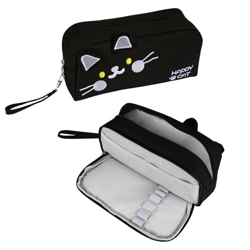 Niedliches Federmäppchen mit 2 Fächern und Griff, bestickte Katze, Schreibwaren-Organizer für Mädchen und Jungen, große Kapazität für Studenten, Bürobedarf, Schwarz , Stilvoll von Shpucise