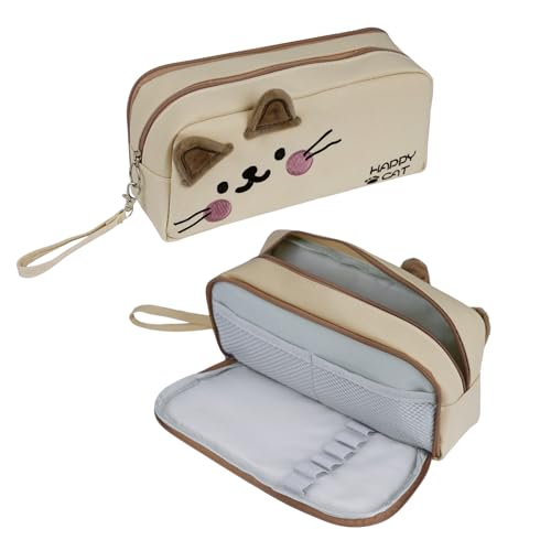 Niedliches Federmäppchen mit 2 Fächern und Griff, bestickte Katze, Schreibwaren-Organizer für Mädchen und Jungen, große Kapazität für Studenten, Bürobedarf, beige, Stilvoll von Shpucise