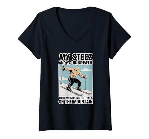 Damen Lustiger Buff Skifahrer Shirtless Ski Mountain Humor T-Shirt mit V-Ausschnitt von Shredded Skier Muscle Mountain Snow Sports Tees