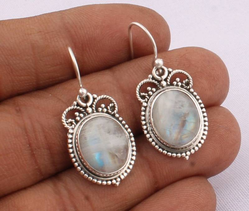 Handgemachte Sterling Silber Regenbogen Mondstein Ohrringe Jahrestag, Geschenk von ShreeJaipurSilver925