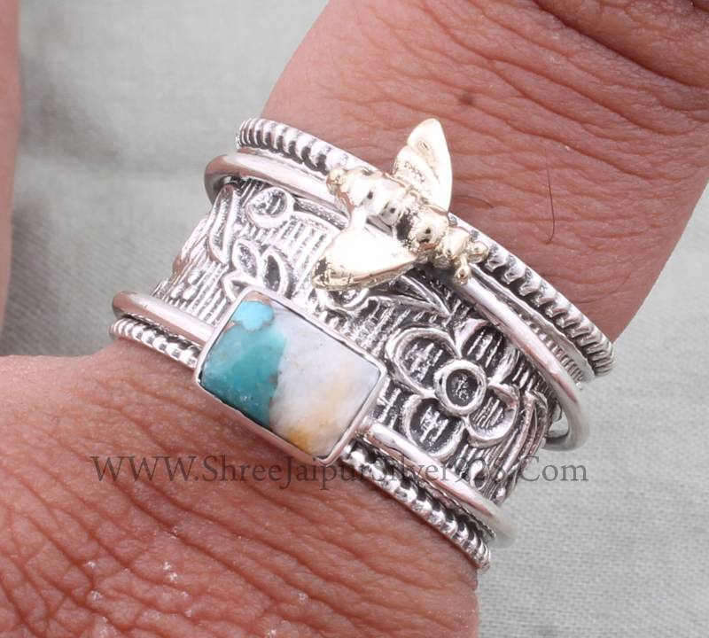 925 Sterling Silber & Messing Auster Kupfer Türkis Spinner Ring, Handgefertigte Honigbiene Gravierte Breite Band-Fidget-Ring-Geschenke Für Frauen von ShreeJaipurSilver925