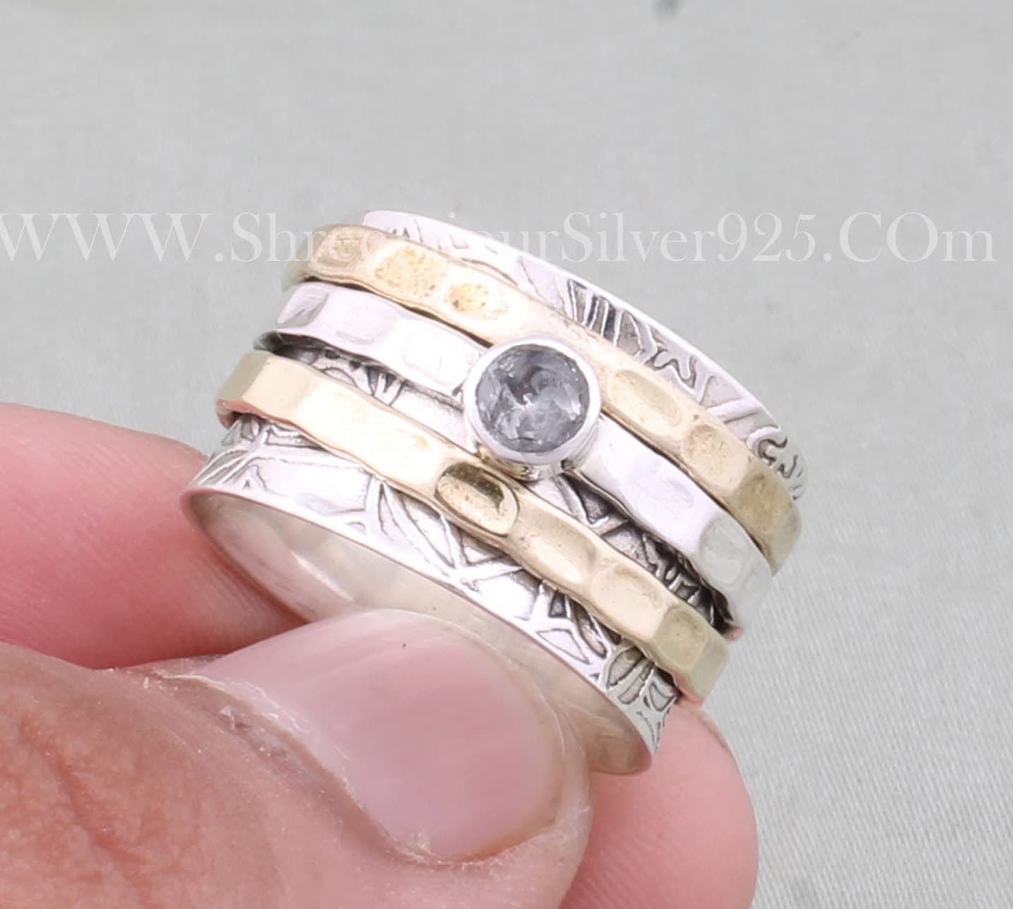 925 Sterling Silber & Messing Natürliche Kristall Quarz Spinner Ringe, Handgemachte Gehämmerte Zweifarbige Designer Geschnitzte Geschenk Für Frauen von ShreeJaipurSilver925