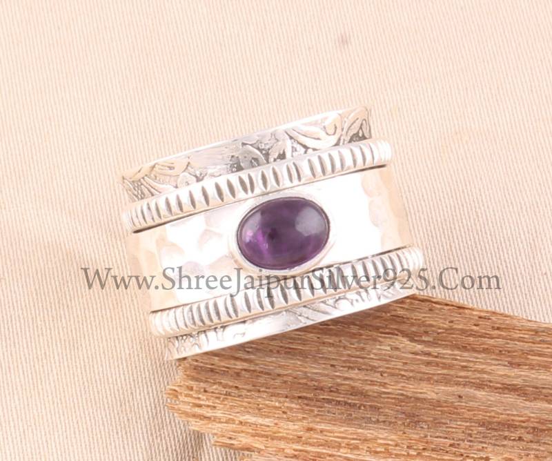 Amethyst Band Massiv 925 Sterling Silber Spinner Ring Für Frauen, Handgemachte Gehämmerte Fidget Geschenke Jahrestagbirthstone von ShreeJaipurSilver925