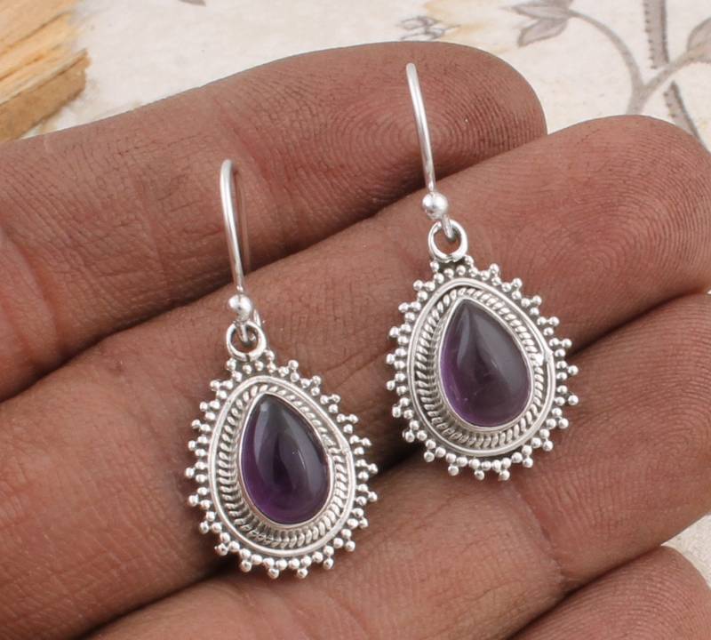 Amethyst Sterling Silber Ohrringe Tropfen Boho Edelstein Ohrringe von ShreeJaipurSilver925