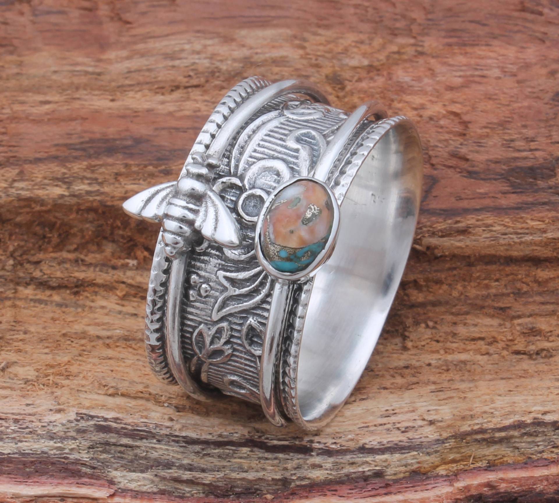 Auster Kupfer Türkis Solid 925 Sterling Silber Spinner Ring Für Frauen, Handgemachte Honig Biene Hochzeitstag von ShreeJaipurSilver925