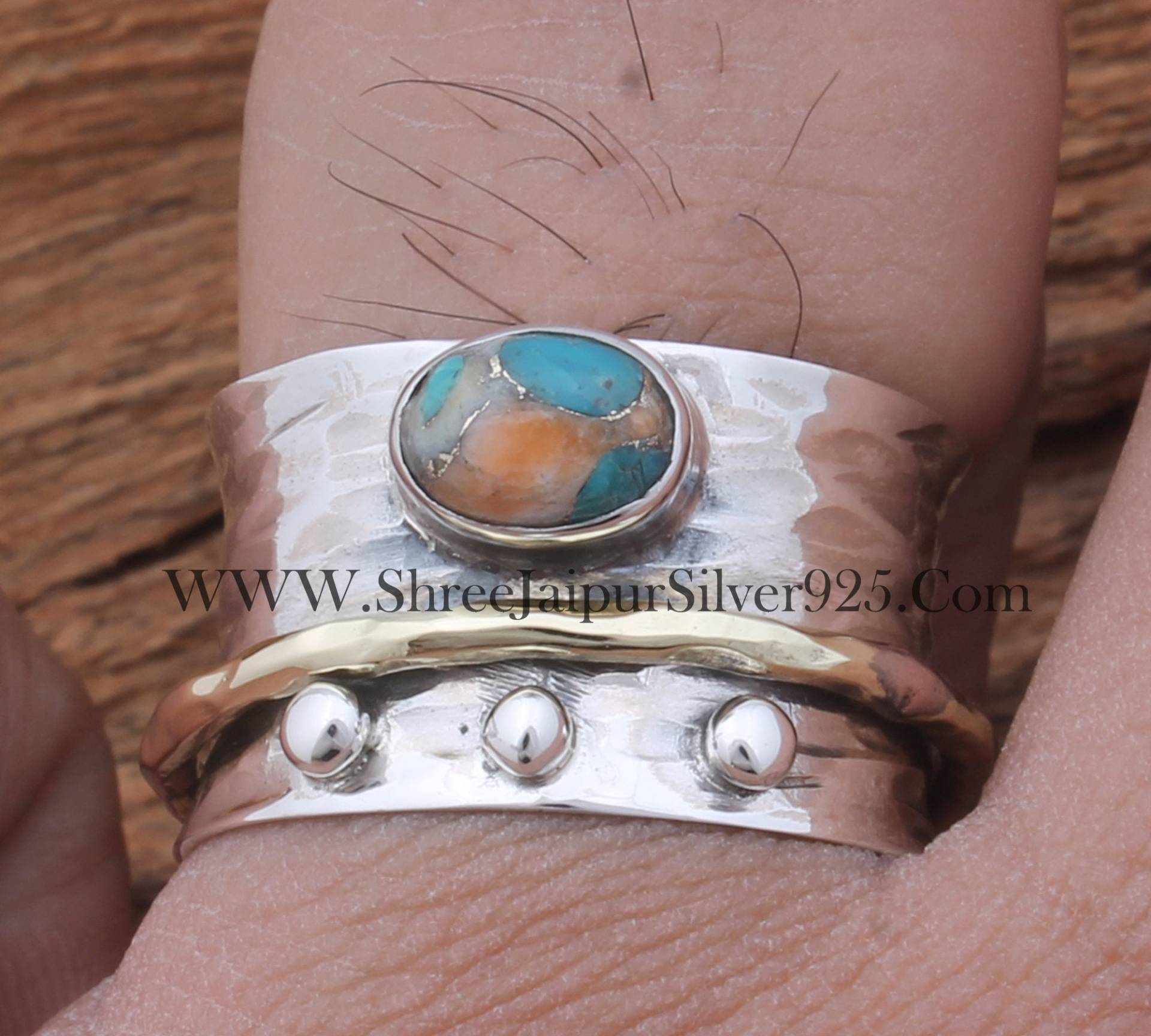 Austern-Kupfer-Türkis-Massiv-925-sterlingsilber-Spinnerring Für Frauen, Handgefertigtes Gehämmertes Band, Zweifarbiger Angst-Fidget-Ring von ShreeJaipurSilver925