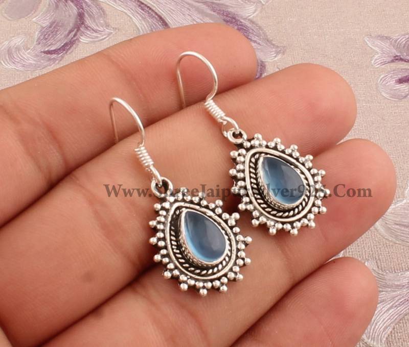 Blaue Chalcedon Sterlingsilber Ohrringe Birnen Cabochon Boho Schmuck von ShreeJaipurSilver925