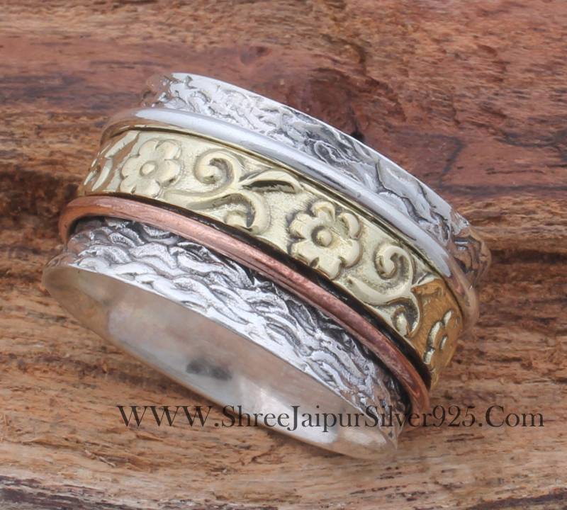 Blume Sterling Silber Spinner Ring Messing & Kupfer Handmade Band von ShreeJaipurSilver925