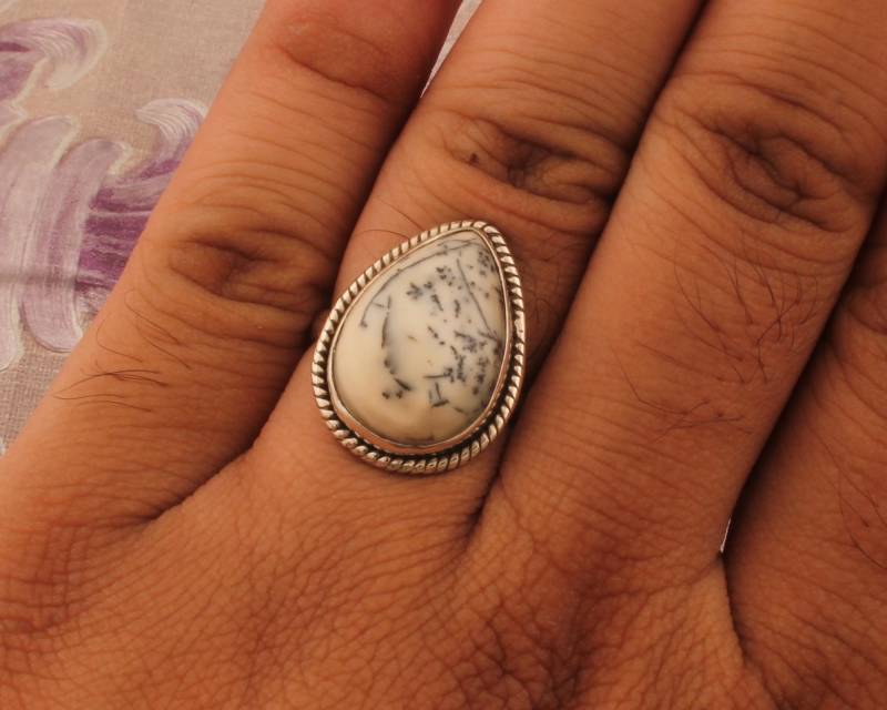 Dendrit-Opal-Ring Aus Sterlingsilber Handgefertigter Boho-Cabochon von ShreeJaipurSilver925