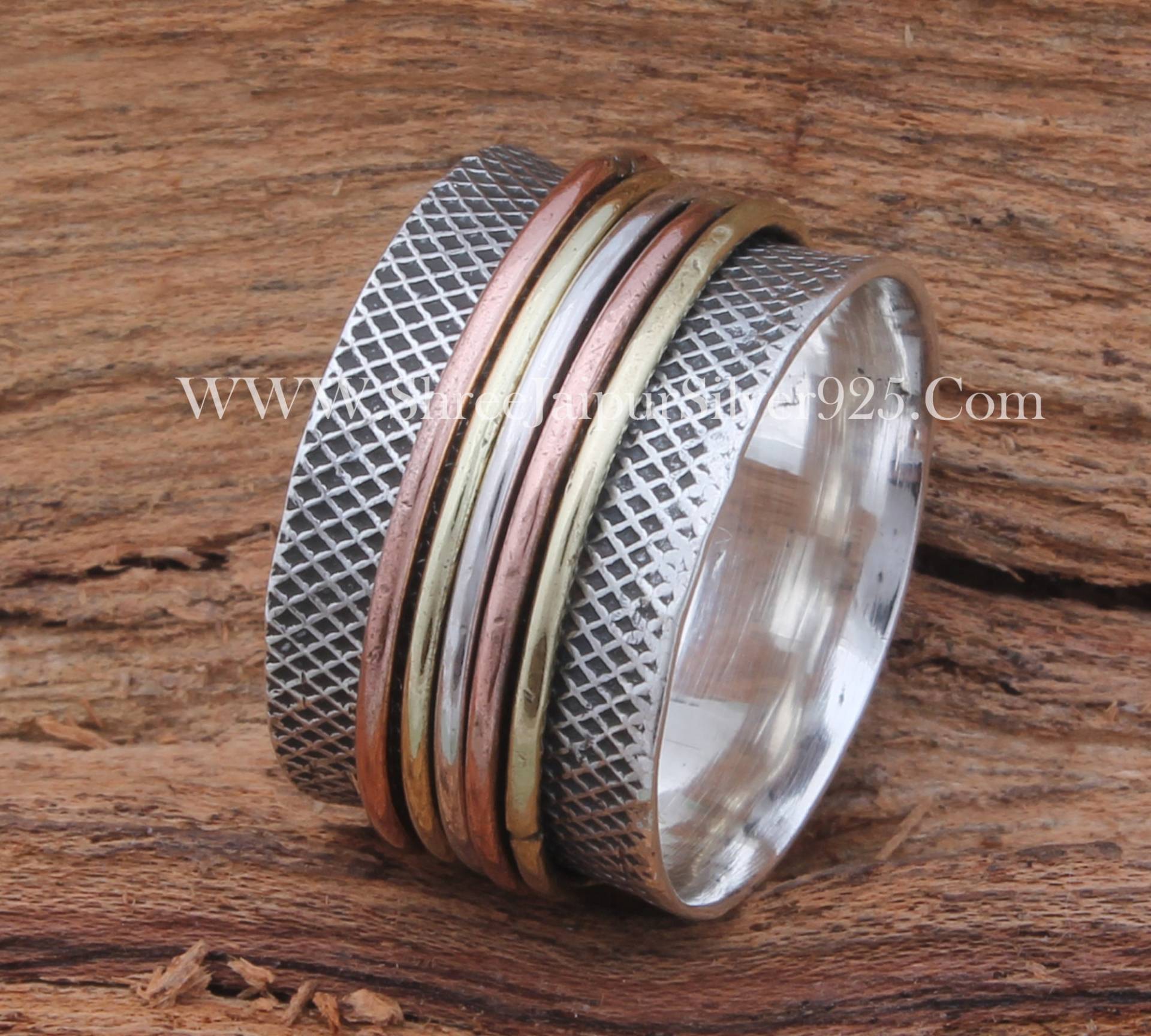 Dreifarbiger Sterling Silber Spinner Ring Handgemachter Messing Band Meditations Schmuck von ShreeJaipurSilver925