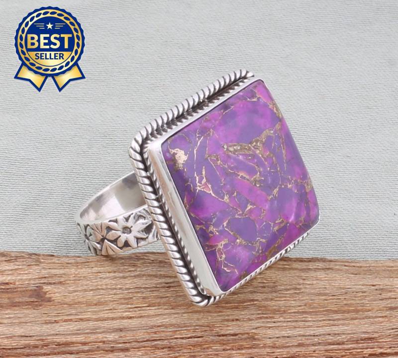 Fester 925Er Sterlingsilber-Lila Kupfer-Türkis-Quadratedelstein-Ring, Designer Gravierter Bandring, Handgemachter Ring, Frauen-Schmuckgeschenk-Idee von ShreeJaipurSilver925