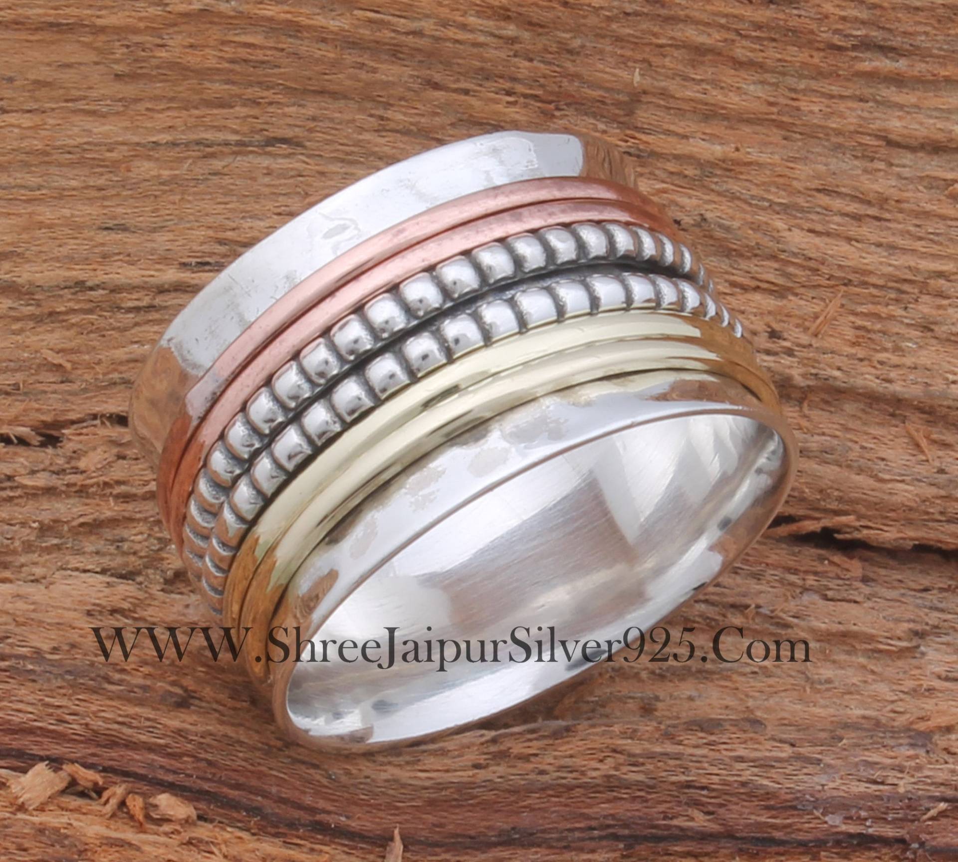 Gehämmerter 925 Sterling Silber Designer Spinner Ring Für Frauen, Handgemachter Dreifarbiger Meditationsring Sie, Sechs Ringe Angst von ShreeJaipurSilver925