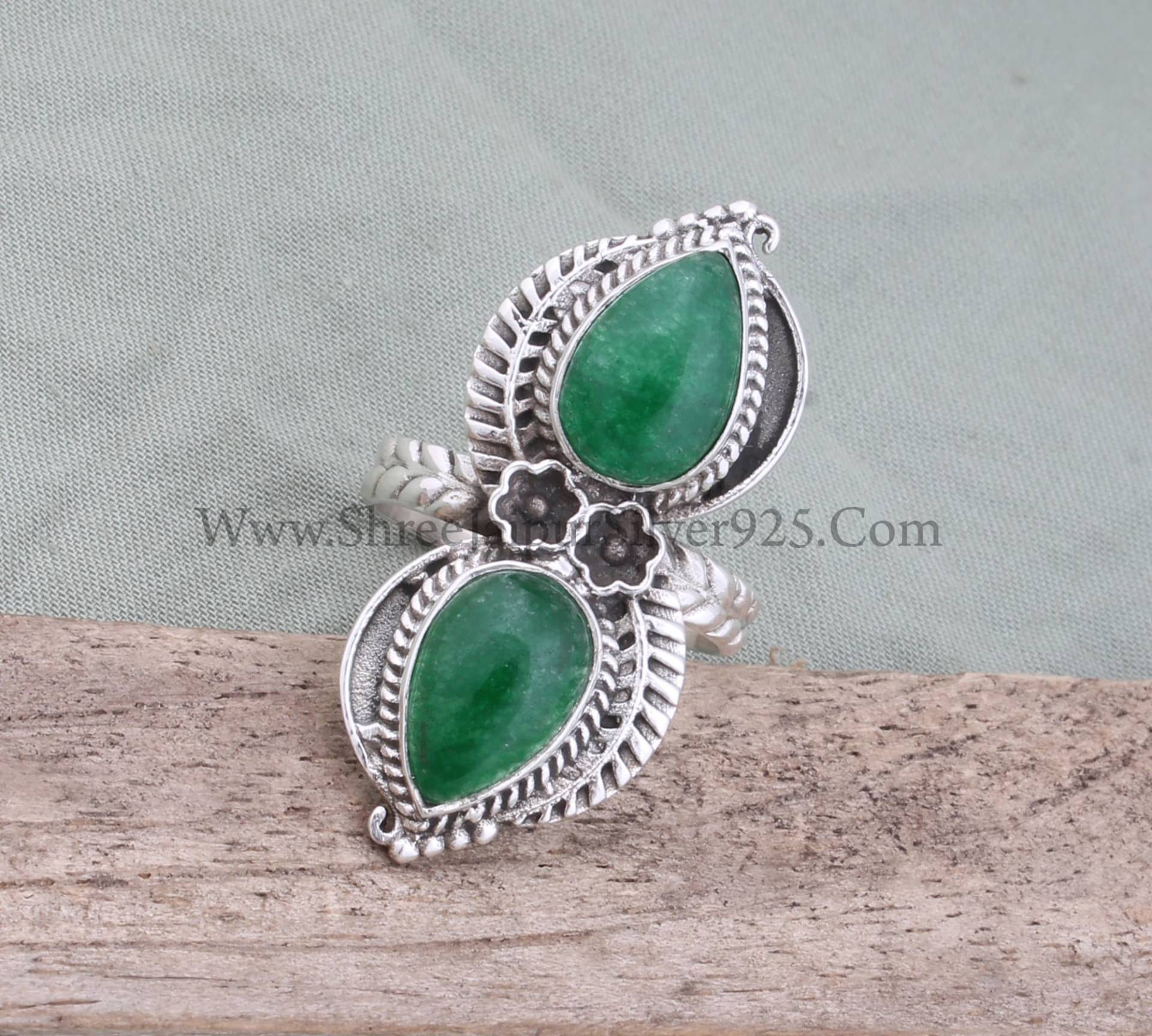 Grün Jade Massiv 925 Sterling Silber Ring Für Frauen, Handgemachte Doppel Edelstein Feder Blätter Gravierte Bandring Geschenke Ihren Jahrestag von ShreeJaipurSilver925