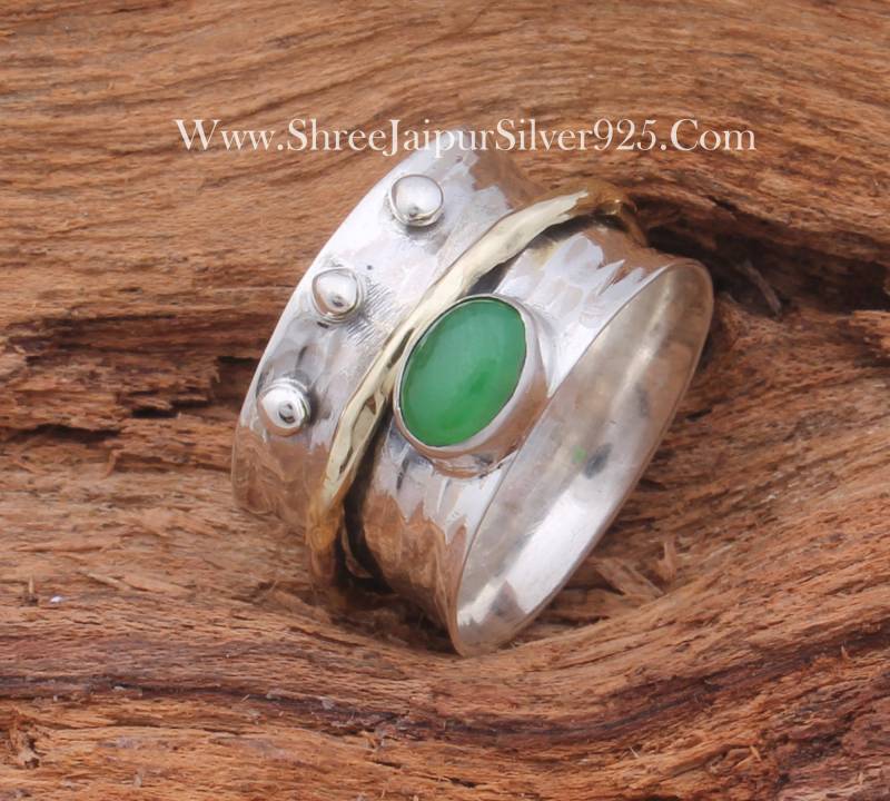 Grün Jade Oval Massiv 925 Sterling Silber Spinner Ring Für Frauen, Handgemachte Gehämmert Band Zwei Ton Fidget Jubiläum Geschenke von ShreeJaipurSilver925