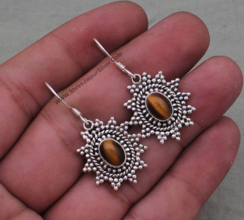Handgefertigte Tigerauge Sterling Silber Ohrringe Boho Cabochon Schmuck von ShreeJaipurSilver925