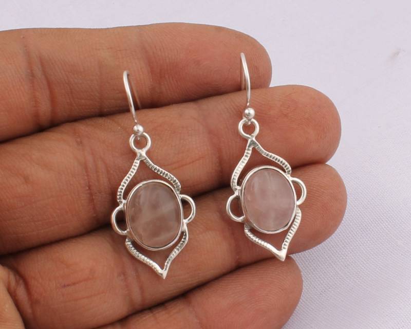 Handgemachte Sterling Silber Boho Ohrringe Rosenquarz Cabochon von ShreeJaipurSilver925