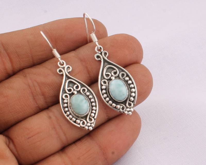 Handgemachte Sterling Silber Larimar Ohrringe Cabochon Edelsteinschmuck von ShreeJaipurSilver925
