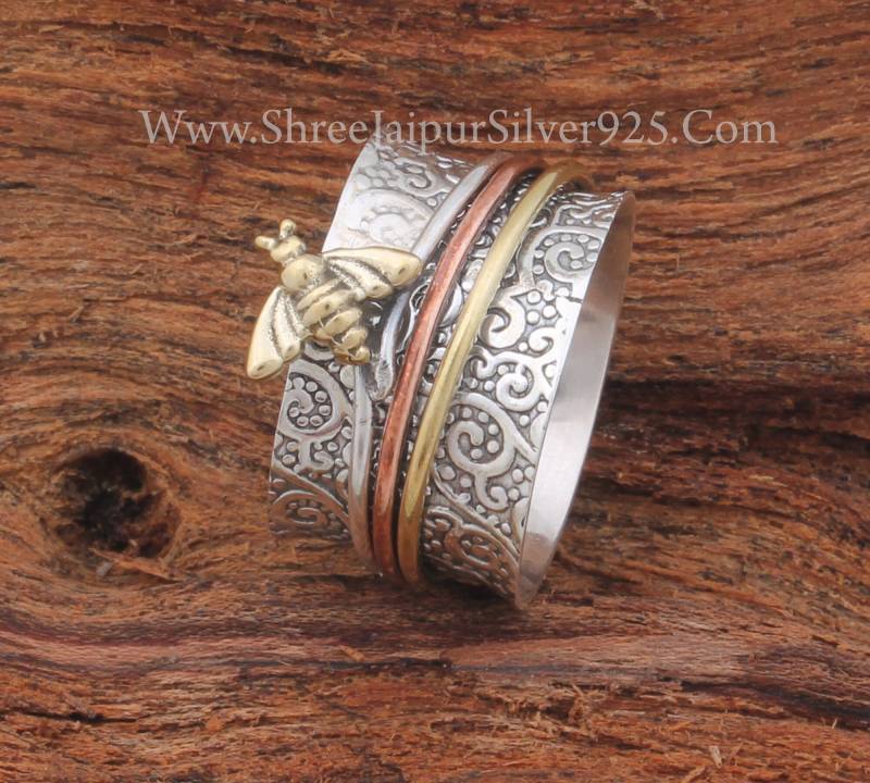 Honig Biene 925 Sterling Silber Designer Spinner Ring Für Frauen, Handgemachte Drei Ton Bandring Sie, Fidget von ShreeJaipurSilver925