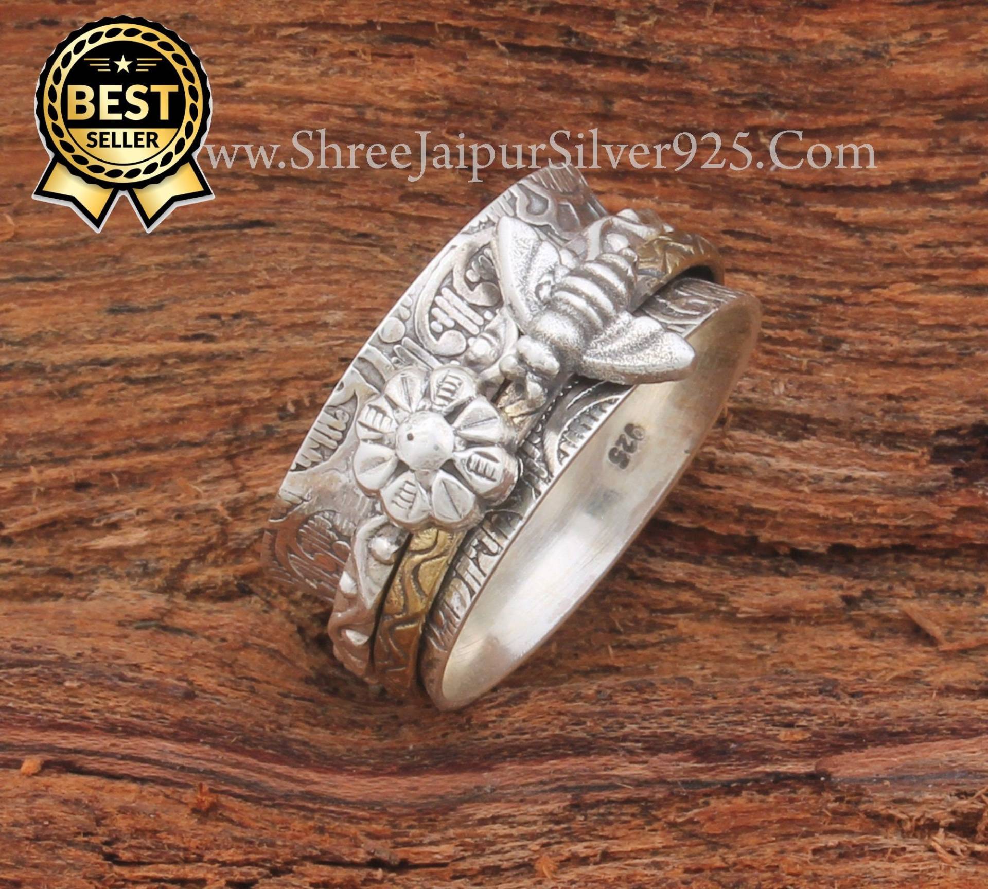 Honig Biene Blume Massiv 925 Sterling Silber Spinner Ring Für Frauen, Handgemachte Zweifarbige Fidget Angst Geschenke Ihren Geburtstag von ShreeJaipurSilver925
