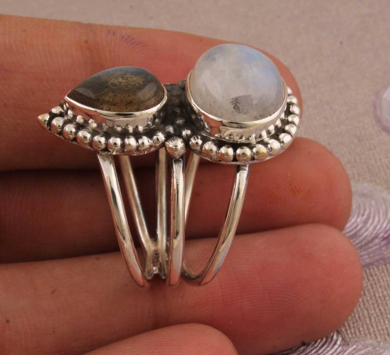 Labradorit Mondstein Sterling Silber Ring Handgemachtes Boho Design von ShreeJaipurSilver925