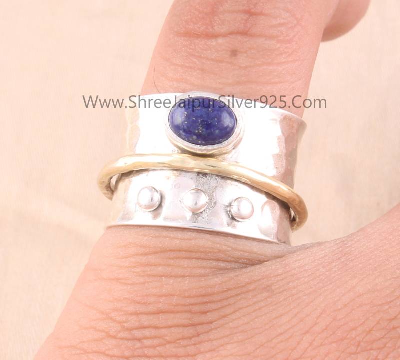 Lapis Lazuli Oval Massiv 925 Sterling Silber Spinner Ring Für Frauen, Handgemachte Gehämmert Band Zwei Ton Fidget Geschenk Zum Jahrestag von ShreeJaipurSilver925