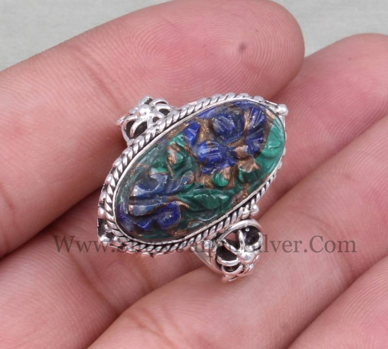 Lapislazuli Und Malachit Kupfer Edelstein Handgravierte Massiv 925 Sterling Silber Ring Für Frauen, Geschnitzte Oval Geschenkidee Zum Jubiläum von ShreeJaipurSilver925