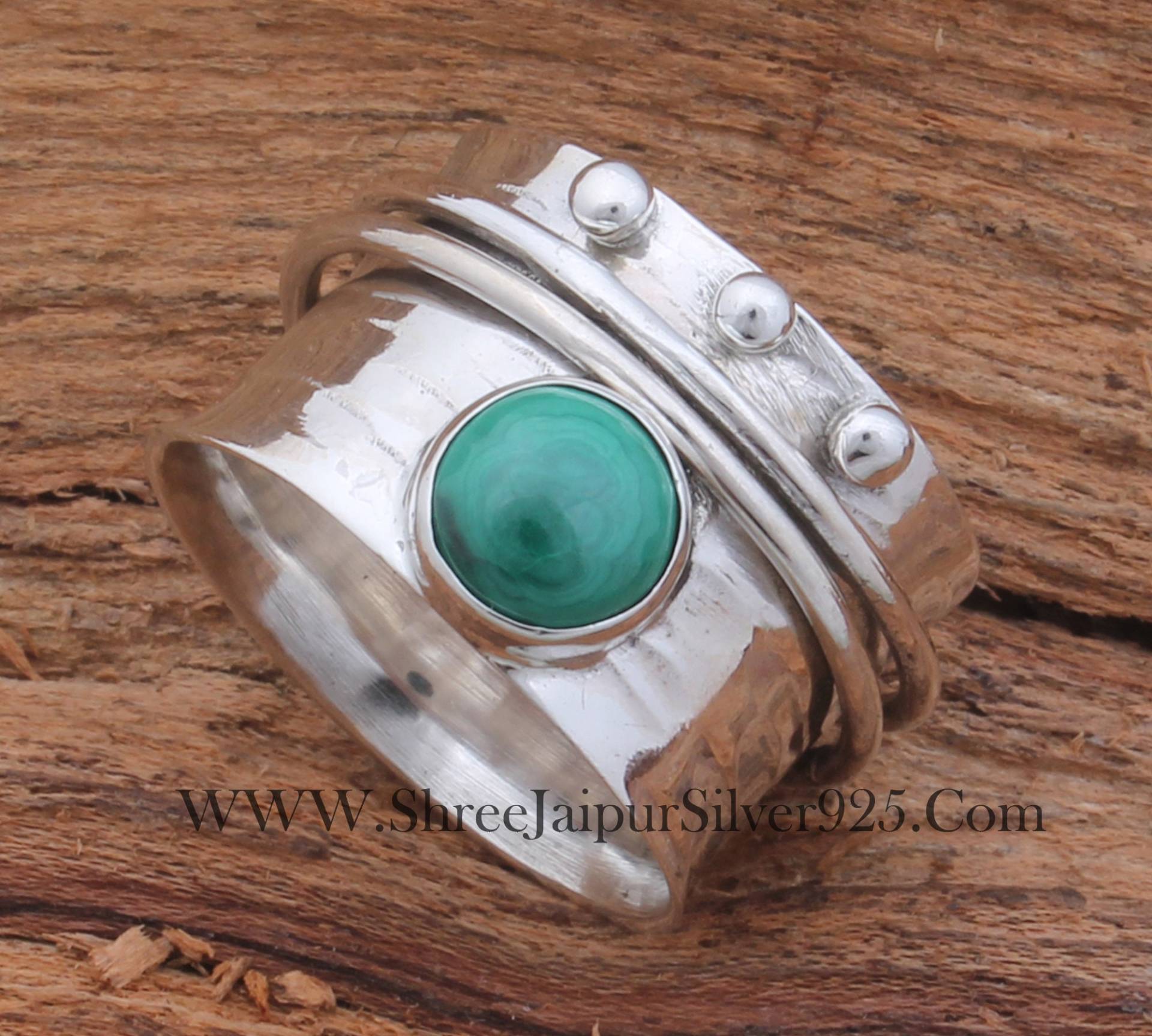 Malachit Silber Bandring Massiv 925 Sterling Spinner Ring Für Frauen, Handgemachter Gehämmerter Runder Edelsteinring, Meditation Boho Schmuck von ShreeJaipurSilver925