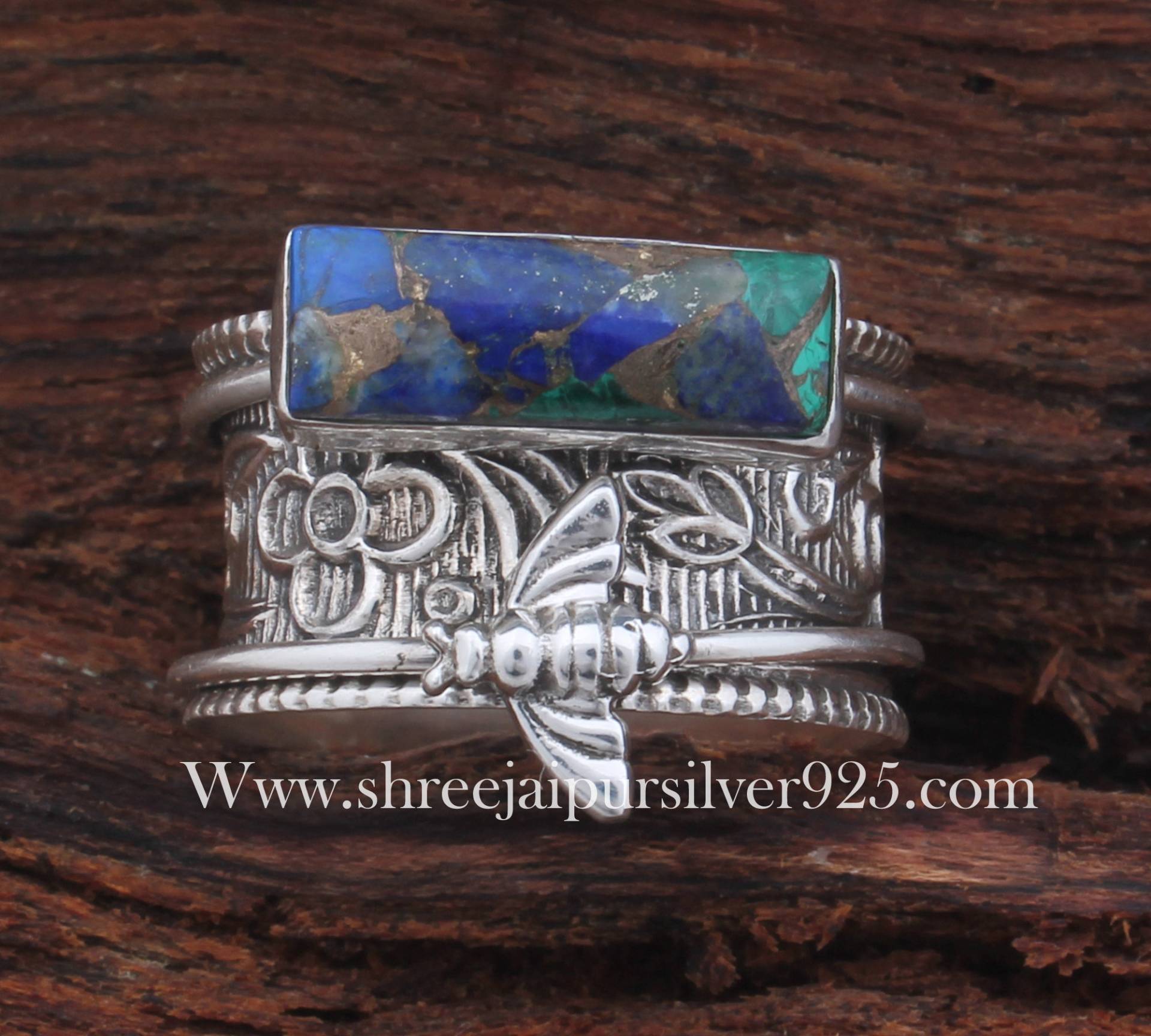 Malachit & Lapis Lazuli Kupfer Stein Massiv 925 Sterling Silber Spinner Ring Für Frauen, Handgemachte Honey Bee Bar Geschenk Zum Geburtstag von ShreeJaipurSilver925