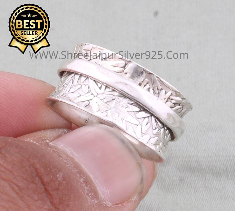 Massiver 925Er Sterling Silber Designer Geschnitzter Spinnerring, Handgefertigtes Silber, Boho-Ring, Ring, Fidget Ring 12 Mm Breite von ShreeJaipurSilver925