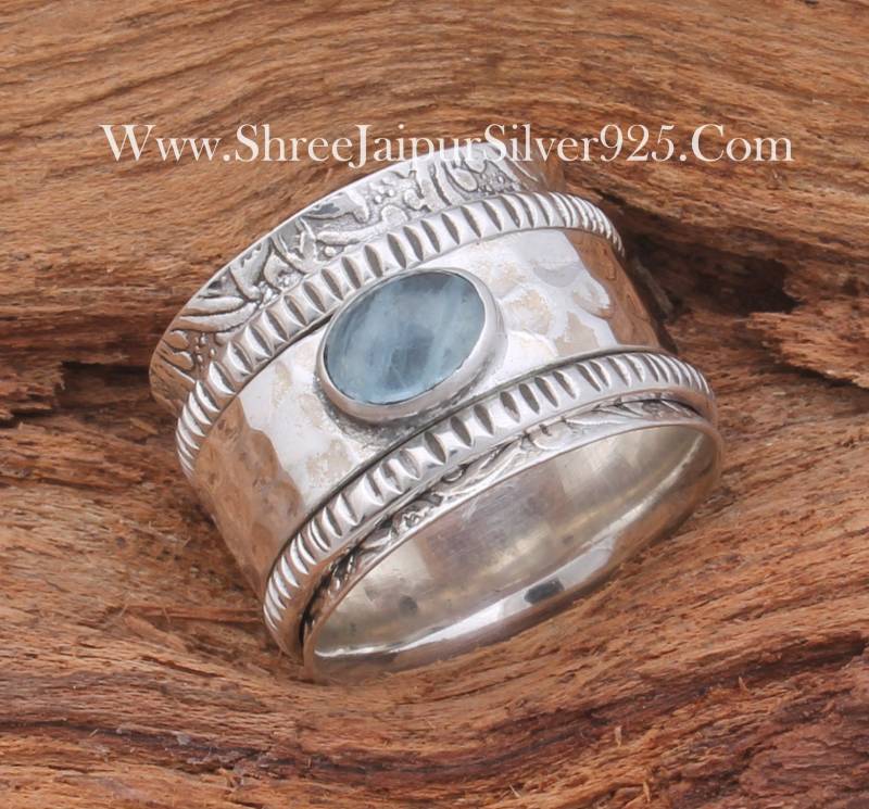 Natürliches Aquamarin Band Solid 925 Sterling Silber Spinner Ring Für Frauen, Handgemachte Gehämmerte Fidget Geschenke Zum Jahrestag von ShreeJaipurSilver925