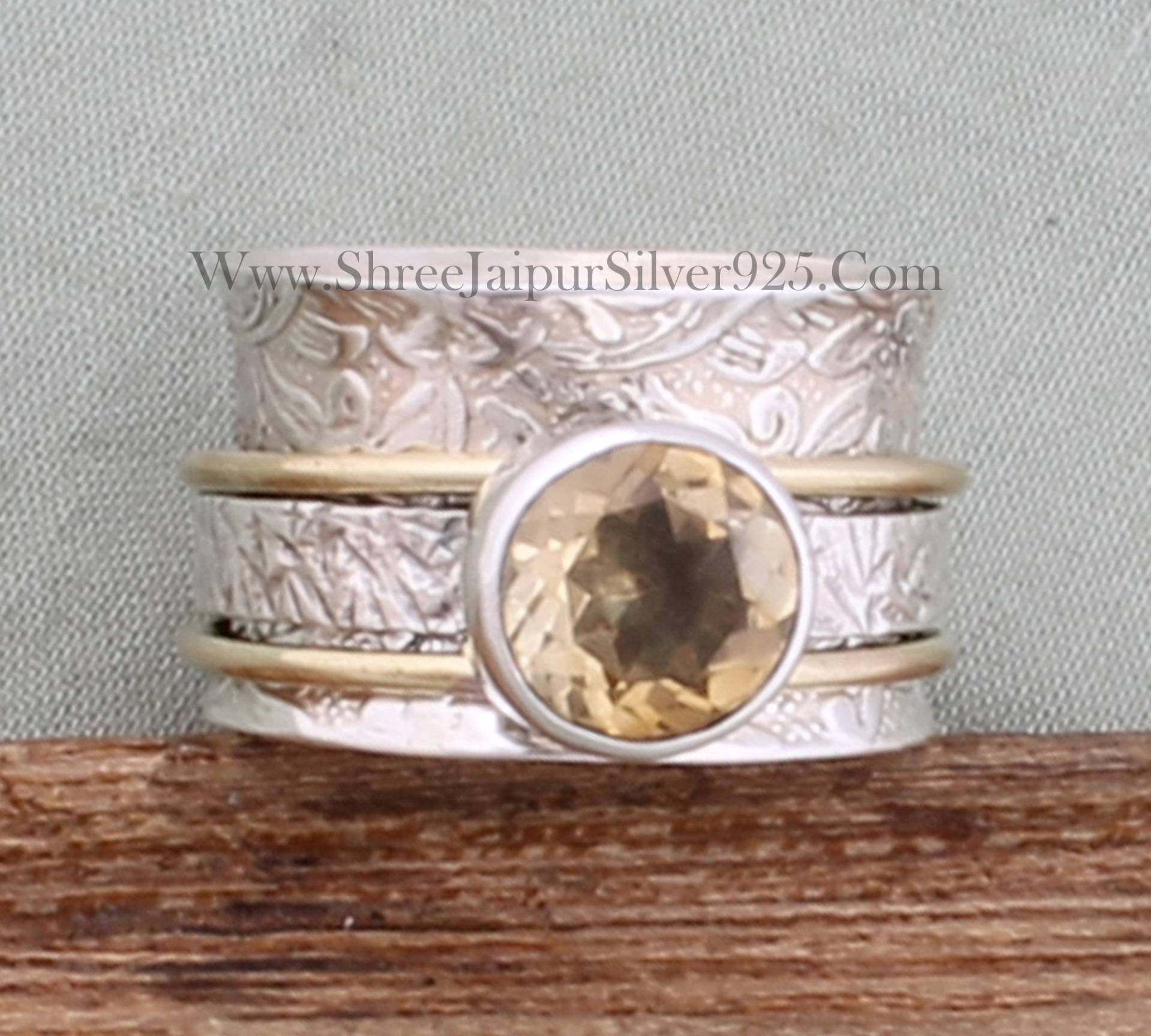 Natürliche Citrin 925 Sterling Silber Gravierte Band Spinner Ring Für Frauen, Handgemachte Zweifarbige Meditation Ring, Angst Brautjungfer von ShreeJaipurSilver925