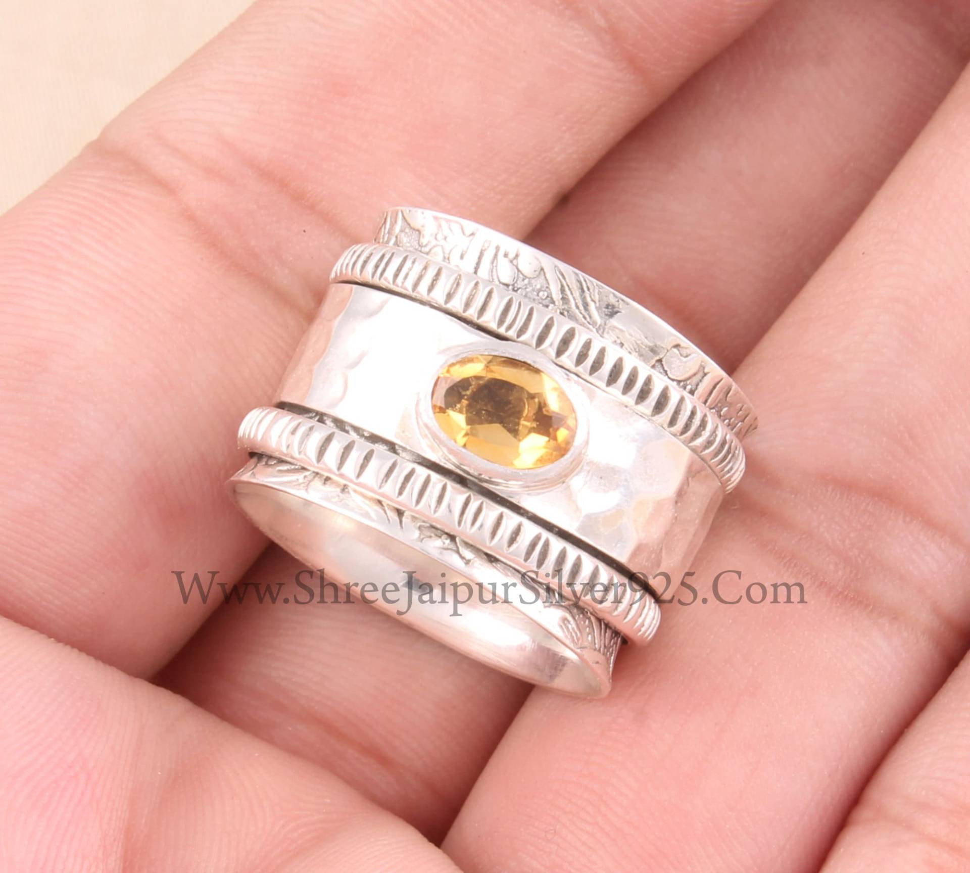 Natürliche Citrin Oval Cut Band Solid 925 Sterling Silber Spinner Ring Für Frauen, Handgemachte Gehämmert Angst Fidget Jubiläum Geschenke von ShreeJaipurSilver925