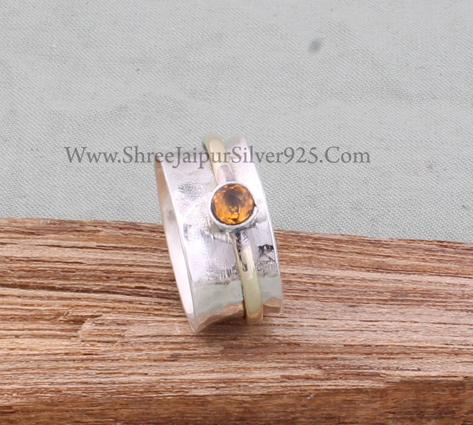 Natürliche Citrin Rundschnitt Solid 925 Sterling Silber Spinner Ring Für Frauen, Handgemachte Gehämmert Band Zwei Tone Angst Fidget Geschenk Sie von ShreeJaipurSilver925