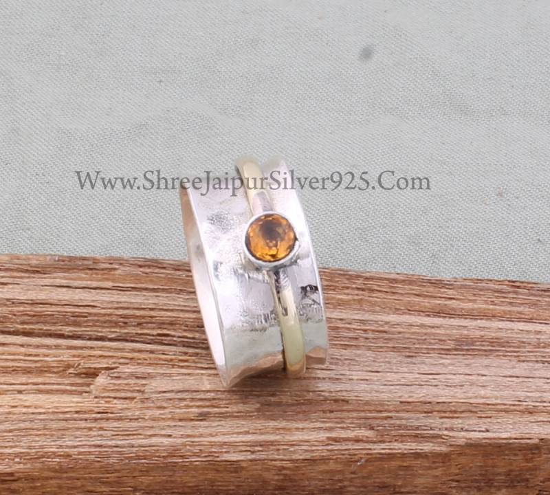 Natürliche Citrin Rundschnitt Solid 925 Sterling Silber Spinner Ring Für Frauen, Handgemachte Gehämmert Band Zwei Ton Fidget Geschenk Sie von ShreeJaipurSilver925