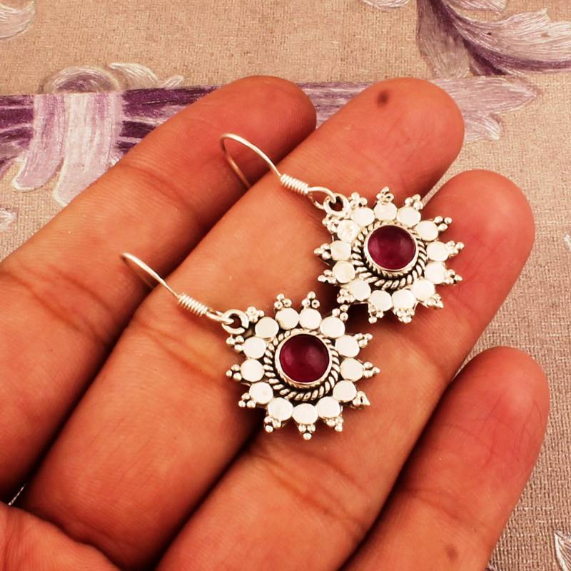 Rosa Jade Blumen Ohrringe, 925 Sterling Silber, Boho Geburtstag Geschenk von ShreeJaipurSilver925